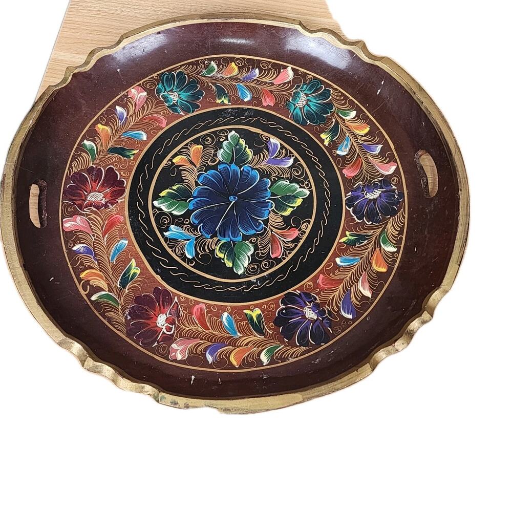 19.5" Hand Painted Vintage Wood Colorful Folk Art Mexican Batea Tole Tray